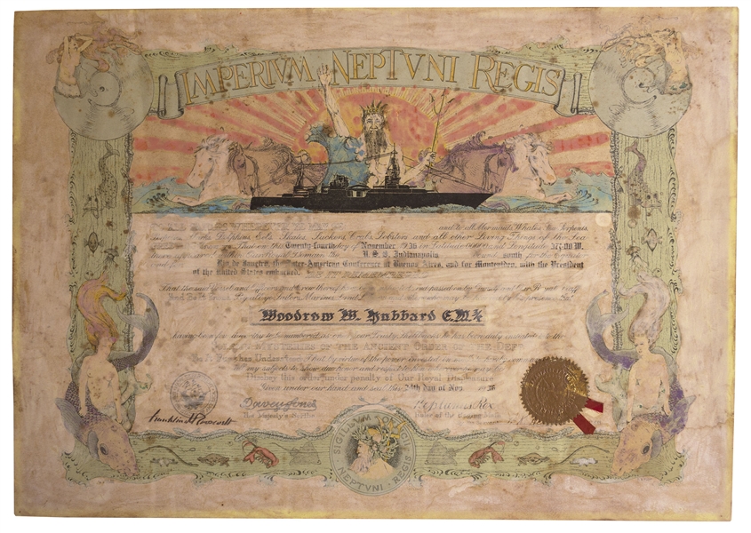 Franklin D. Roosevelt Document Signed as President -- FDR Signs a Certificate of Honor in 1936 for the USS Indianapolis, the Ship That Famously Sunk 9 Years Later in the Navy's Worst Maritime Disaster
